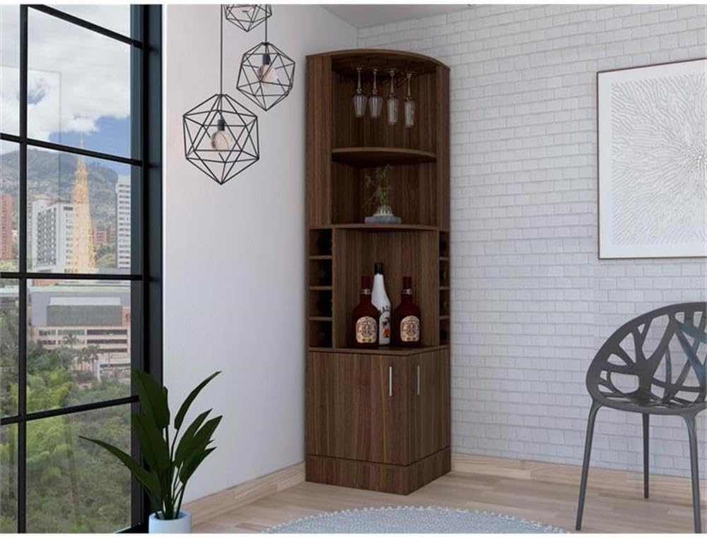 BOWERY HILL Corner Bar and Wine Cabinet, Weathered Oak Finish, 71.1 in Tall, Space-Saving with 8 Bottle Cubbies, 12 Wine Glass Rack, 2 Shelves, Built-in Storage, Home Bar Furniture