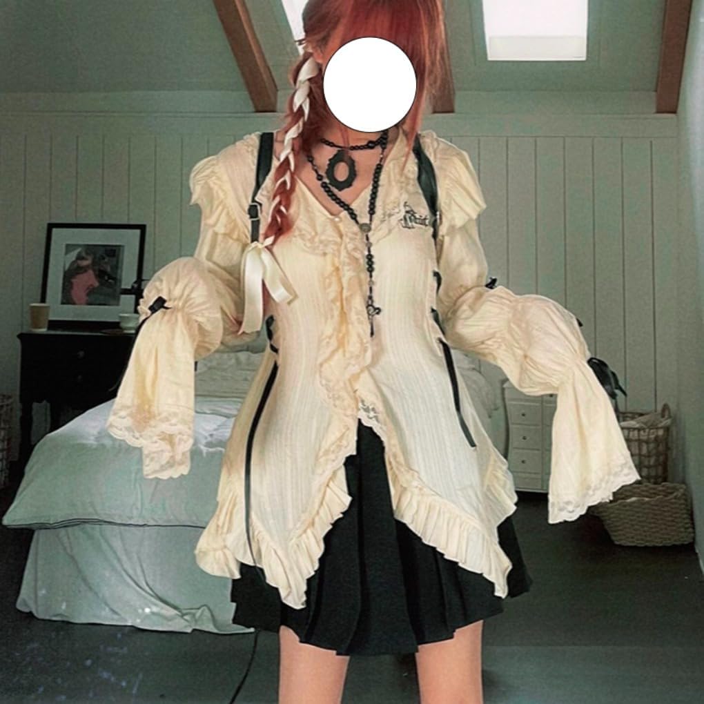 Y2k Aesthetics Lace Shirt Grunge Gothic Irregular Blouses Fairy Harajuku Bandage Shirt Vintage Lolita Clothes Mall Goth