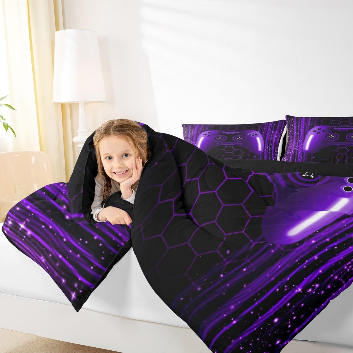 Erosebridal Kids Gamer Toddler Bedding Set for Boys Bedroom Neon Lights Dull Purple Gaming Comforter Set for Kids Teens Game Console Quilt Striped Honeycomb Hexagon Comforter Geometric Duvet Insert