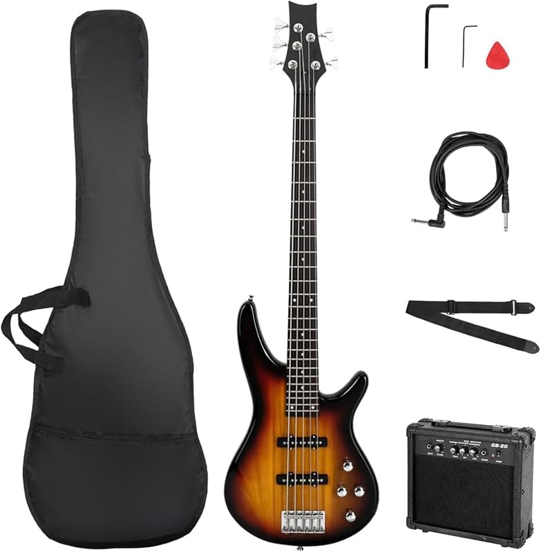 Ktaxon Bajo eléctrico Kit de bajo de 5 cuerdas-Sunset | Equipo Completo con Amplificador de 20 Watts | Pastilla tipo JB, mástil de arce secado al aire naturalmente, diapasón de palisandro y cuerpo de tilo