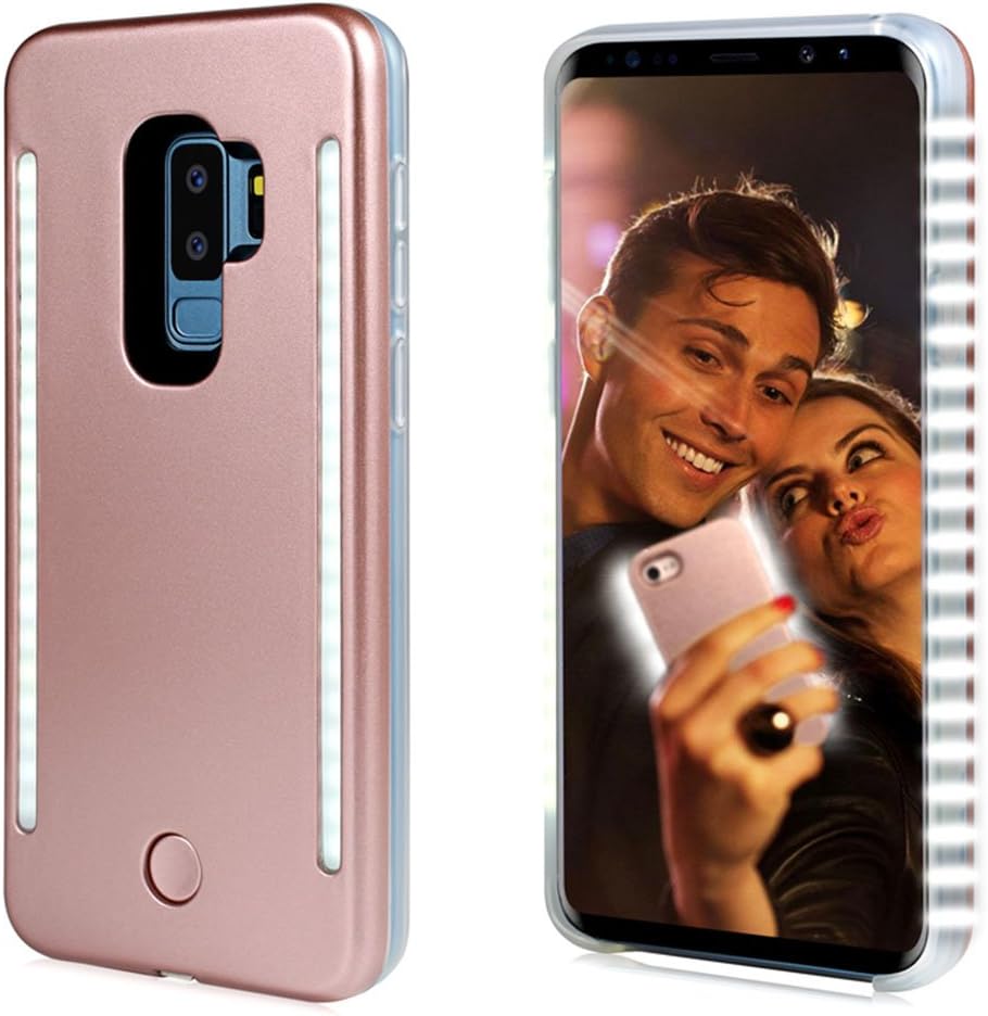 S9 Selfie Light up Case, FULLOPTO Light up Selfie case with Built-in Front and Back 2 Sides Led Lamps with Double Rechargeable Luminous LED Flashlight and Phone Protection for Samsung S9 (Rose Gold)