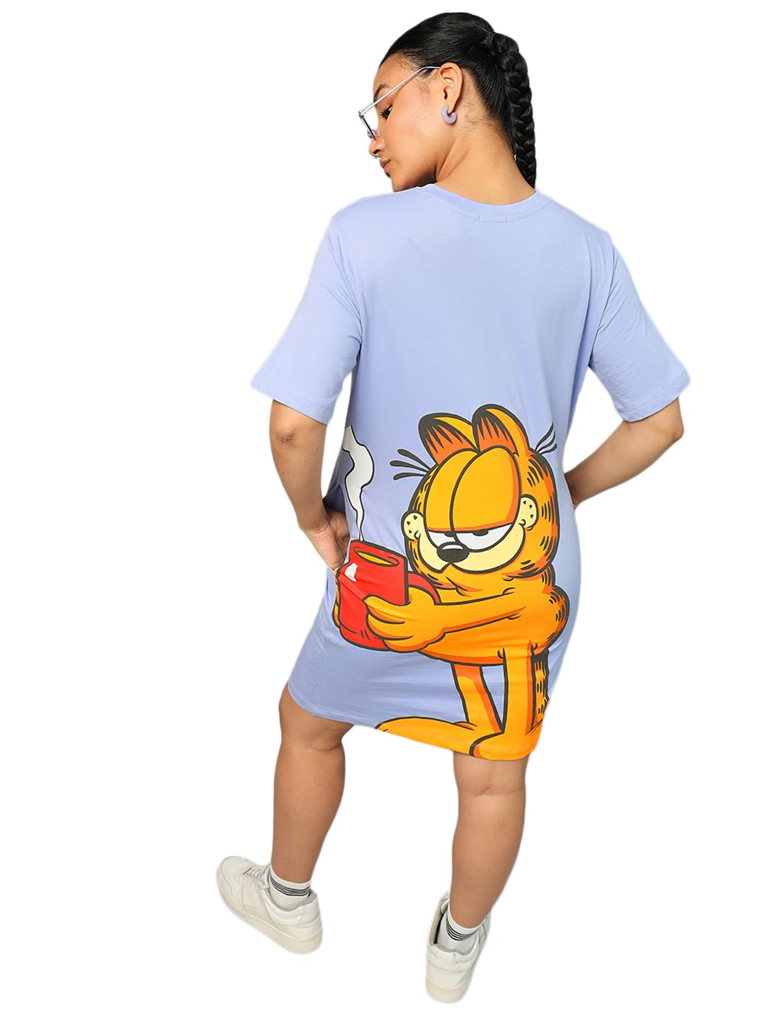 Bewakoof Heavy Duty 1.0 Official Garfield Merchandise Women's Graphic Printed Oversized Fit Half Sleeve Round Neck Above The Knee Terry T-Shirt Dress in multi
