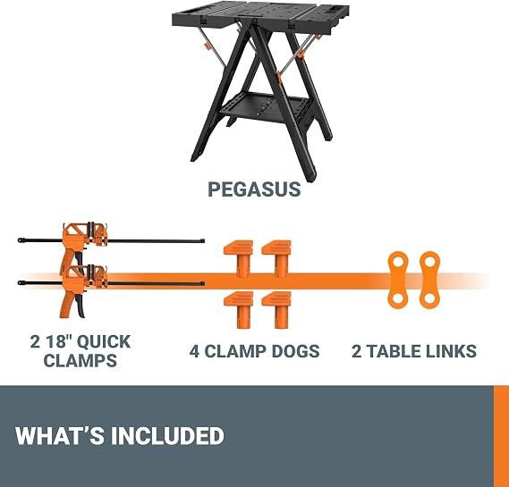 Worx Pegasus 2-in-1 Folding Work Table & Sawhorse, Easy Setup Portable Workbench, 31 W x 25 D x 32 H Lightweight Worktable with Heavy-Duty Load Capacity, WX051 - Includes 2 Clamps & 4 Clamp Dogs