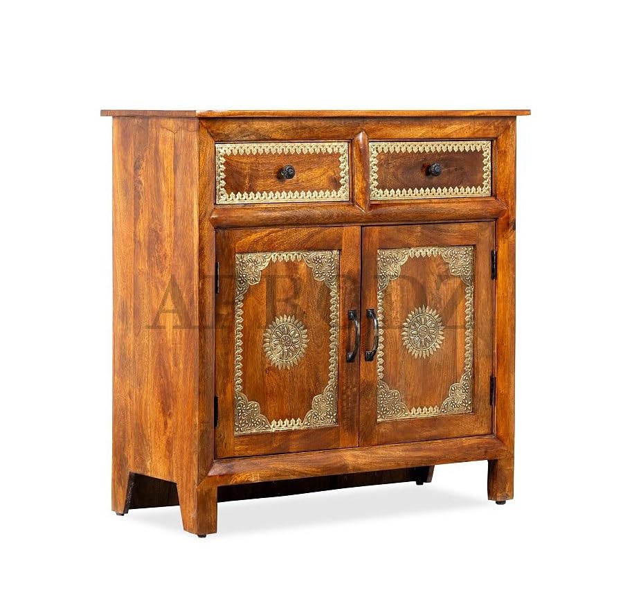 Image of APRODZ Hand-Painted Solid Wood Sideboard Cabinet with 2 Doors & 2 Drawers | Brass Fitted Wooden Storage Cabinet for Bedroom Living Room & Kitchen | Crockery Cabinet, Kitchen Storage, 36x16x36