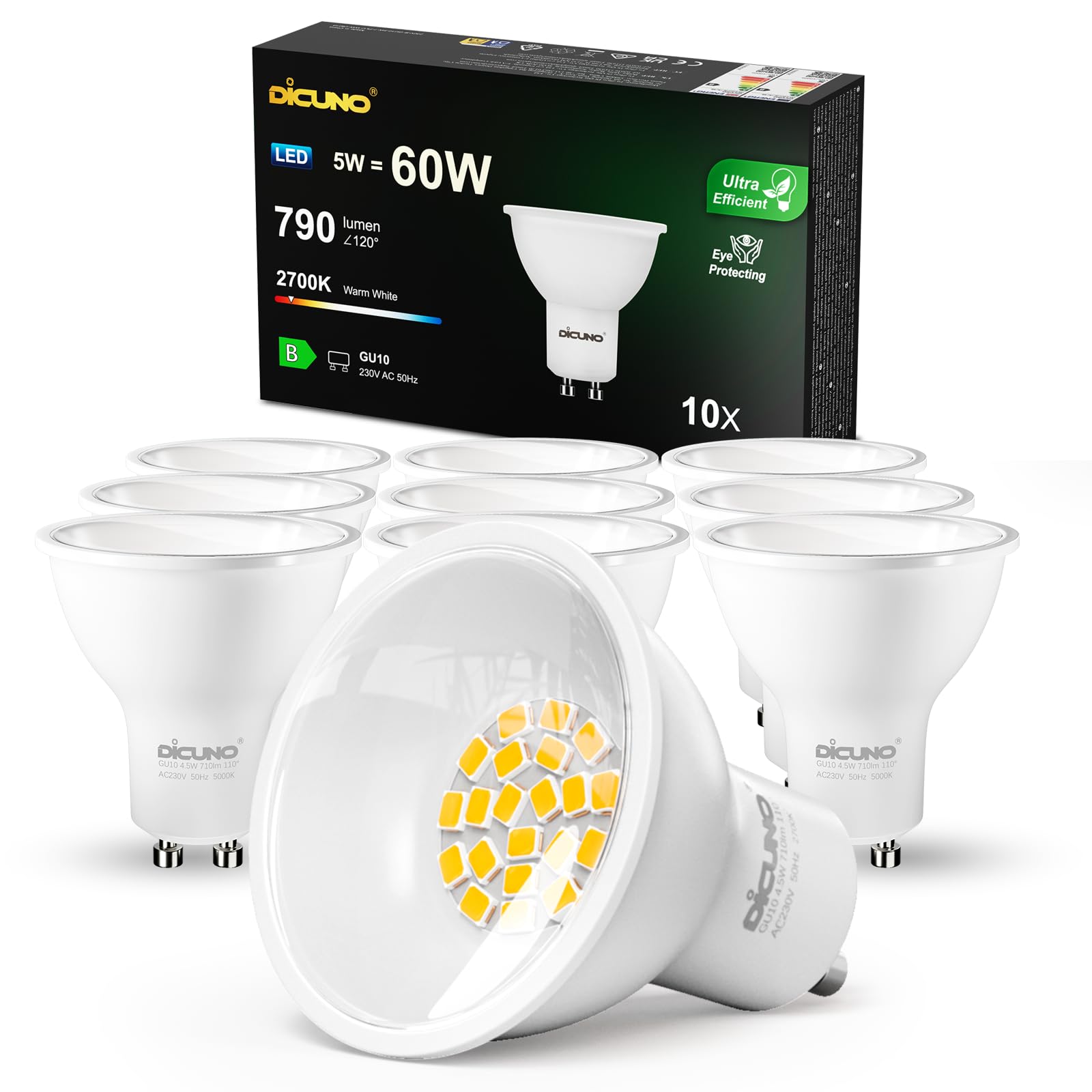 DiCUNO Lampadina LED GU10 Classe B, 5W Equiv. 60W, 2700K, 790lm, 10 Pezzi | Bianco caldo, Non dimmerabile, Fascio largo 110°, Faretto LED GU10 per faretti da incasso, plafoniere e vetrine