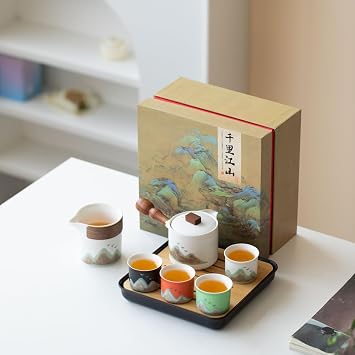 Chinese Tea Set, 7-Piece Ceramic Gongfu Set with Landscape Art, Teapot with Filter, Tea Cups, Serving Tray, Gift Box