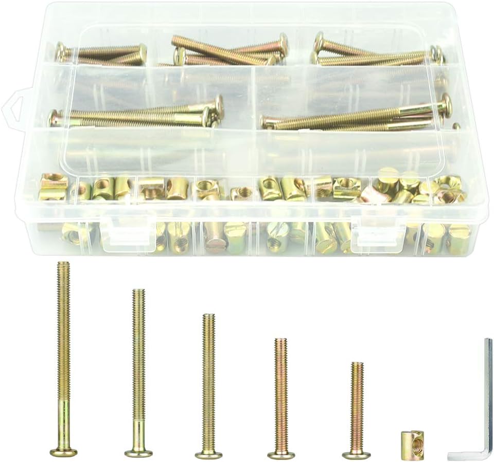 KBNIAN Tornillo con Tuerca de Barril M6 Kit de 101 Pcs Tornillos para Cuna de Madera con Tuercas de Barril Tornillos Cuna Micuna de 40/50/60/70/80 mm Con Llave y Caja de Plástico para Muebles Madera