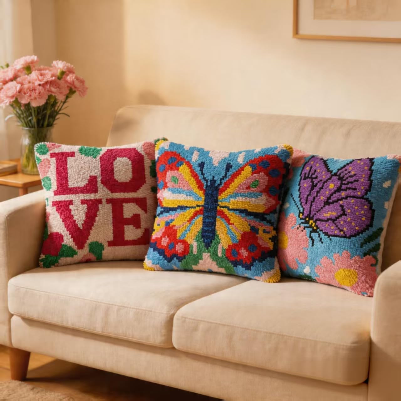 Miaceito Pre-Printed Love Latch Hook Pillow Kits for Adults Beginners, DIY Latch Hook Kits Includes Wooden Hook to Make 17x17 Inch Home furnishings Sofa Decoration DIY Gift for Mom