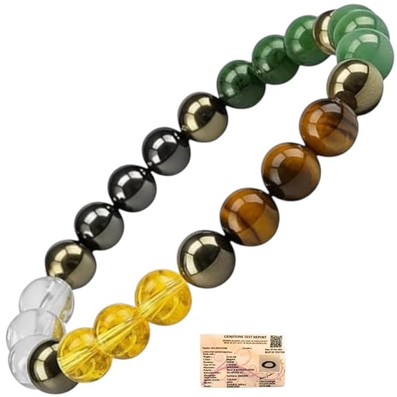 Astrology Certified Dhan Yog Money Magnet Bracelet for Men & Women | Attracts Wealth , Prosperity & Success | Natural Pyrite Green Aventurine Citrine Clear Quartz Tiger Eye Green Jade Crystal 8mm Beads