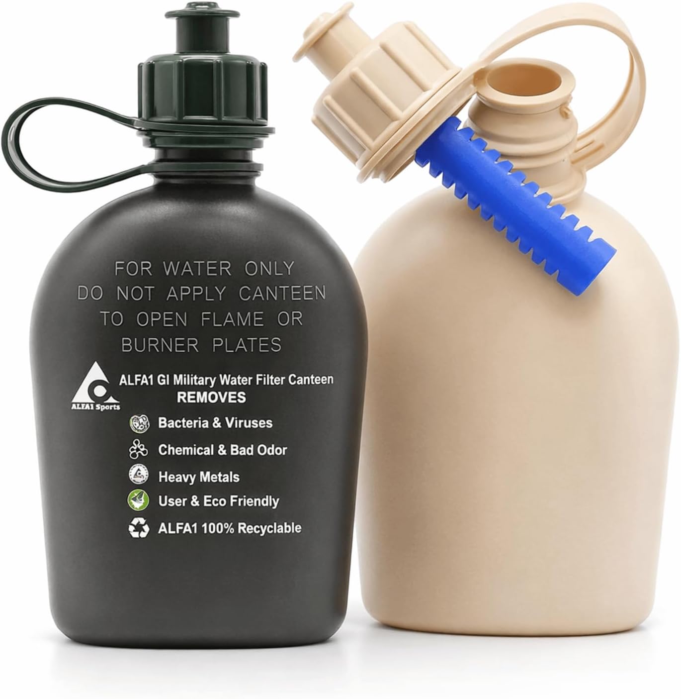ALFA1 OD GI Military Water Filter Canteen 1 Quart/32oz | Built-in Nano Filter | Improves Taste & Odor | Leak Proof BPA-Free Plastic | Camping, Hiking, Backpacking, Outdoor & Travel