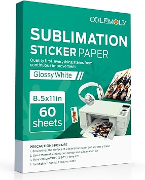 Colemoly Sublimation Sticker Paper-30 Sheets Glossy White Waterproof Stickers for Sublimation Inkjet Printer and Ink 8.5x11 Letter Heat Transfer Paper for Smooth Solid Surfaces