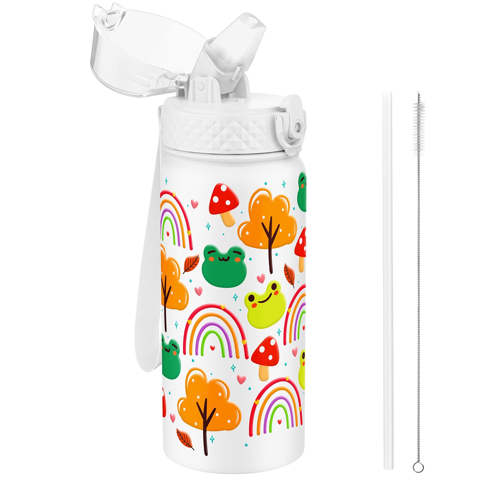 GOPPUS 550ml/18oz Kids Insulated Water Bottle with Straw Cute Double Wall Stainless Steel Child's Small Flask Vacuum Insulated Steel Metal Leak Proof Drink Flask Boys Toddler Girls Flask BPA-Free