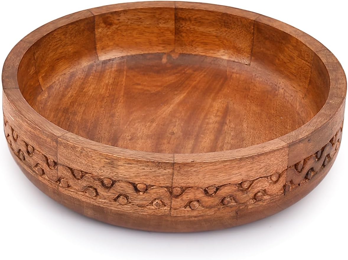 EDHAS Decorative Red Finished Mango Wood Round Carved Bowl for Food, Fruits, Salad, or Popcorn – Kitchen Counter (25.4cm x 25.4cm x 6.35cm)