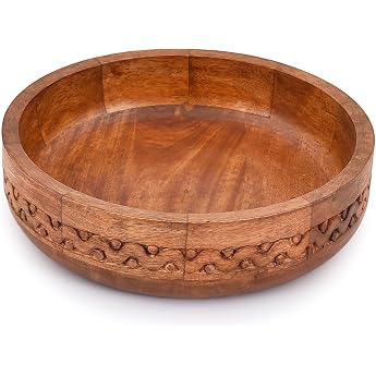 EDHAS Decorative Red Mango Wood Round Carved Food Fruit Salad Popcorn Bowl - Kitchen Counter 10 x 10 x 2.5