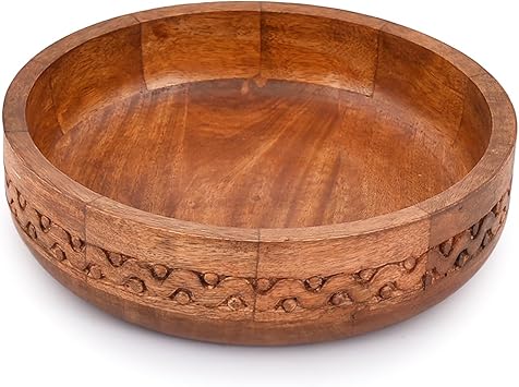 EDHAS Mango Wood Decorative Round Carved Bowl for Decoration, Centerpiece Bowl for Table 10" x 10" x 2.5"
