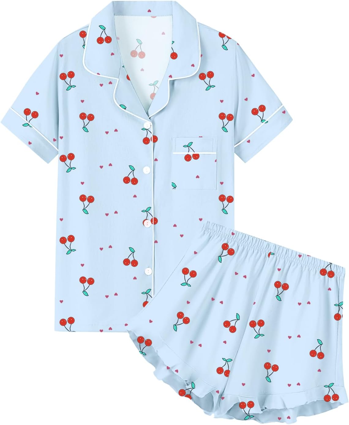 QZH.DUAO Girls & Women Pajama Sets 100% Cotton Sleepwear Button Down Short Sleeve With Ruffle Shorts PJS 5 Years-Large