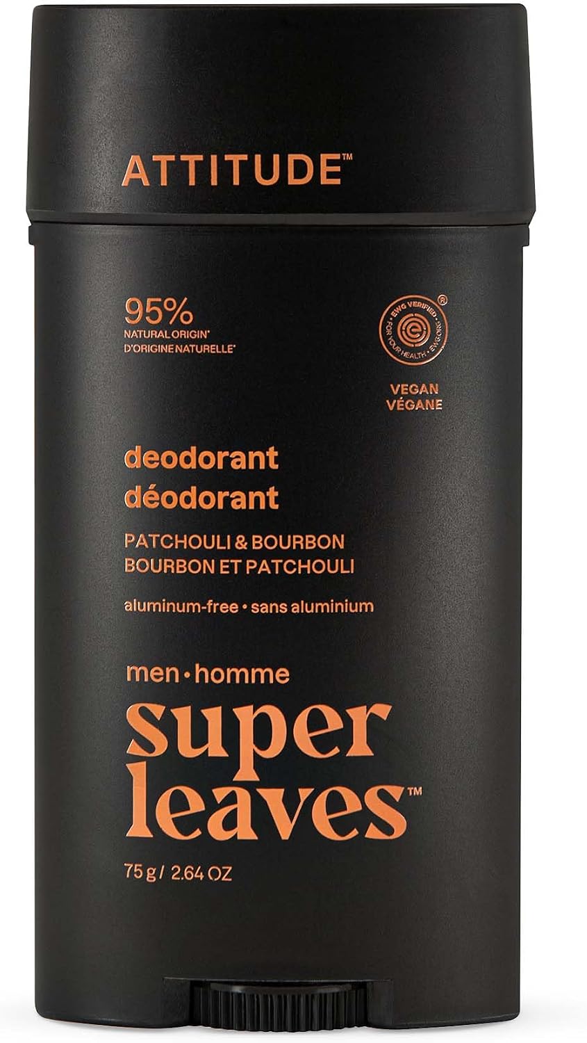 ATTITUDE Aluminum-Free Deodorant for Men, Made in Canada, 95% Natural Origin Ingredients, EWG Verified, Plant Based Odor Control, With Baking Soda, Patchouli & Bourbon, 75 g