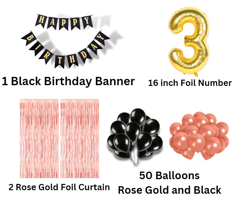 Image of 3rd Birthday Decoration items for Girls with Black and Rose Gold Balloons, Black Happy Birthday Banner, Rose Gold Foil Curtain, Foil Balloon number 3