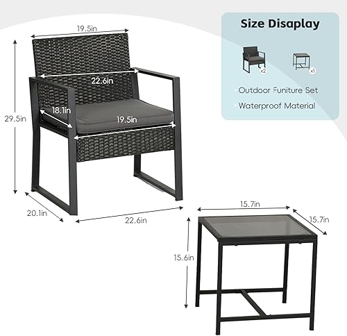 Miniatura 6 de Muebles de exterior, muebles de porche con bastón elástico de polietileno, juego de patio de 3 piezas con mesa de cristal, juego de muebles de