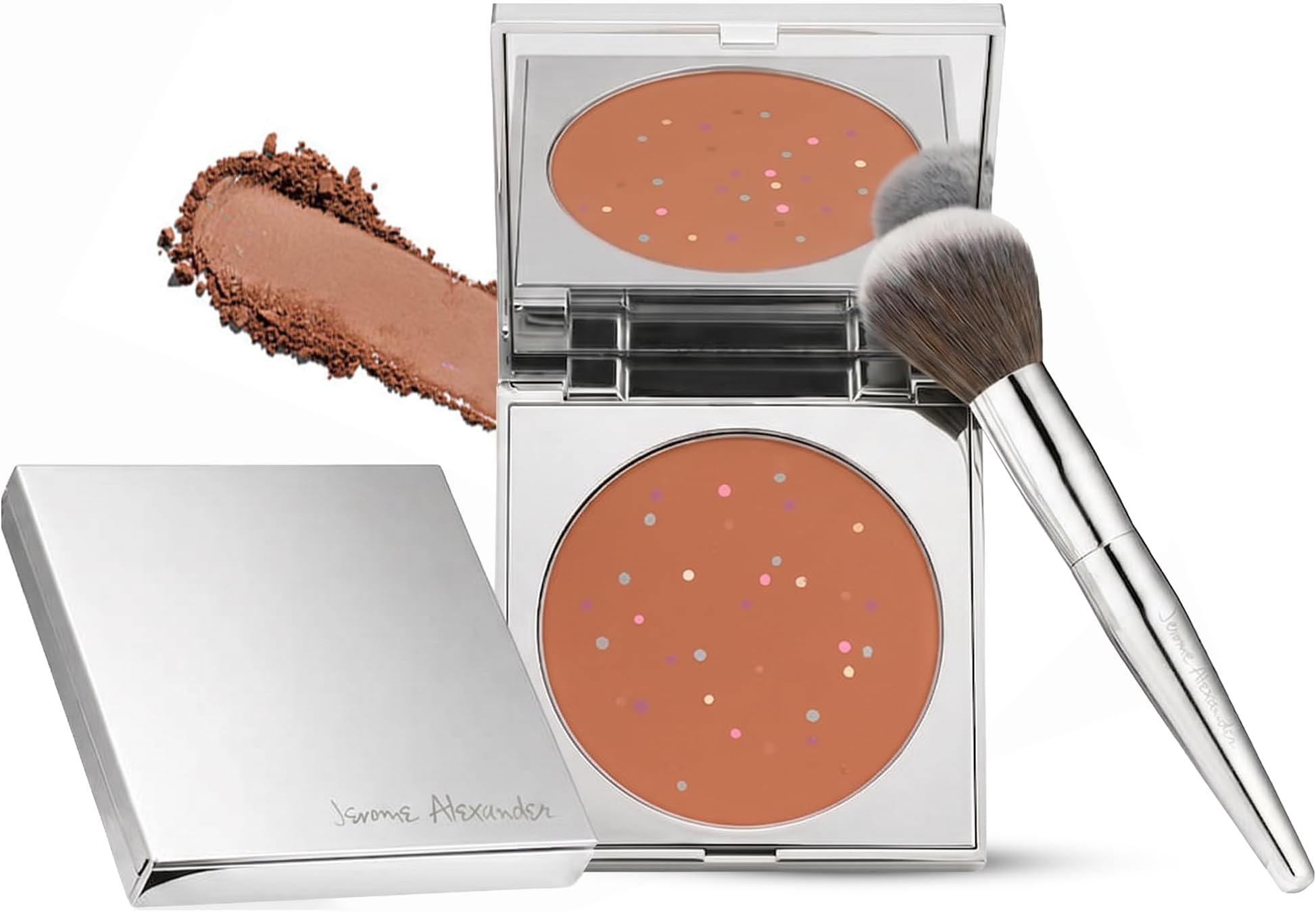 Magic Minerals Jumbo 2 Pcs Pressed Powder Foundation Set by Jerome Alexander - 4-in-1 Color Correcting Concealer for Older Women - Foundation for Mature Skin with Chrome Powder Brush - Medium Dark