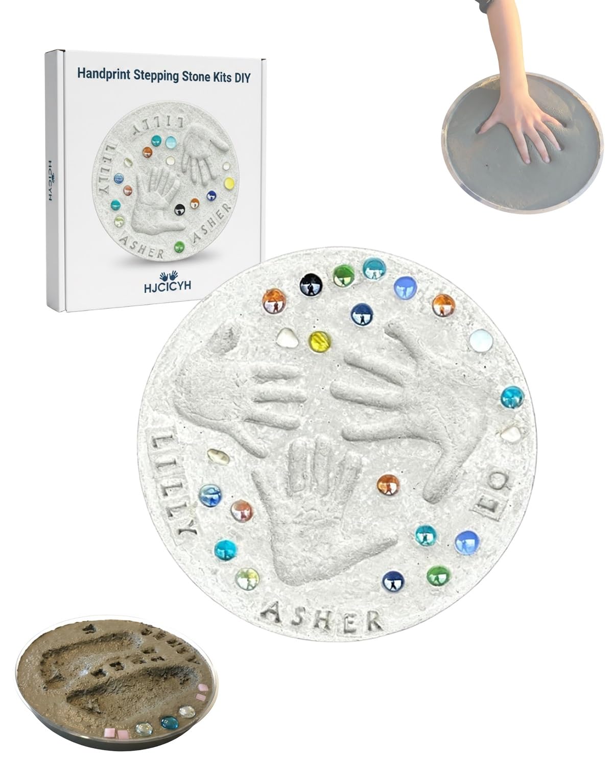 10/12/14 Inch Handprint Stepping Stone Kits DIY Garden Decorative, Family Outdoor Craft Footprint Stamp Making Gift with 1 Mod 26 Letter Stamps Colored Stones for Mother's Day(14'')
