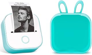 Memoking T02 Pocket Thermal Bluetooth Printer with Green Rabbit Shape Protective Case, Compatible with iOS & Android