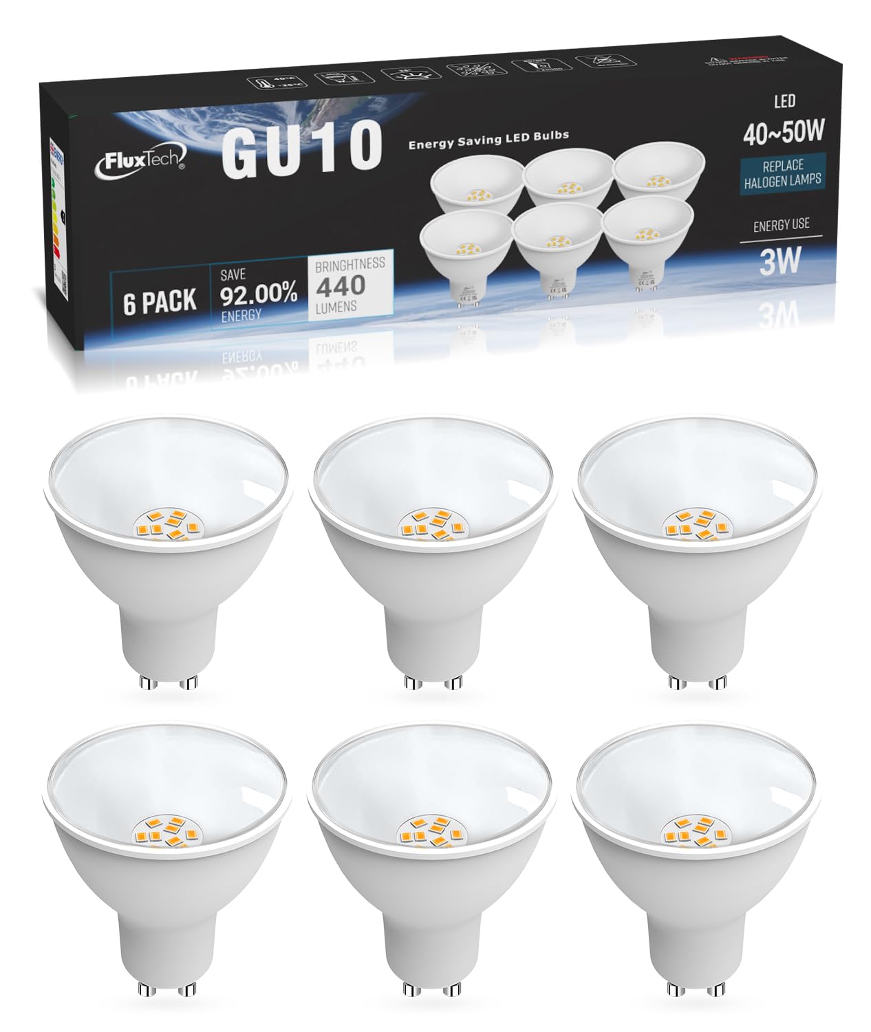 FluxTech GU10 LED Bulbs Warm White 3000K, Energy Class C, 3W 410lm LED Light Bulb, 40W 50W Equivalent, 110° Beam Angle Non-Dimmable, 6 Pack