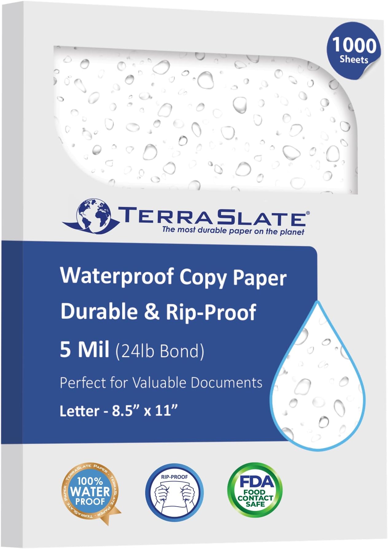 TerraSlate Waterproof, Durable, Rip-Proof Paper, 1,000 Sheets, 5 Mil (24lb Bond), 8.5” x 11”, Laser Printer and Copy Machine Compatible