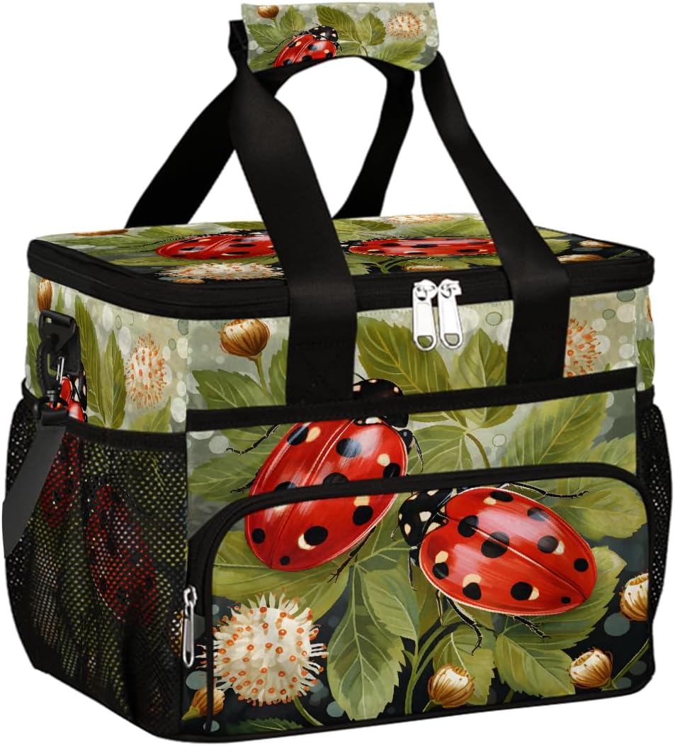 Large Lunch Box for Women Men Insulated Thermal Lunch Tote Bag Green Leaves Ladybug Reusable Cooler Bag Portable Adult Lunchbox Container with Adjustable Strap for Work Picnic