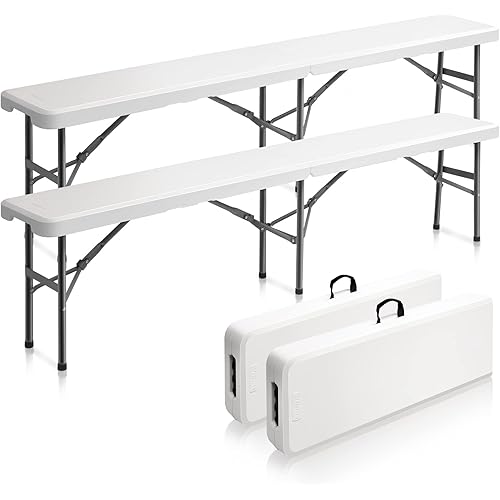 VINGLI 6 feet Plastic Folding Bench,Portable in/Outdoor Picnic Party Camping Dining Seat, Garden Soccer Multipurpose Entertaining Activities, Smooth HDPE Tabletop, 2 Pack, White