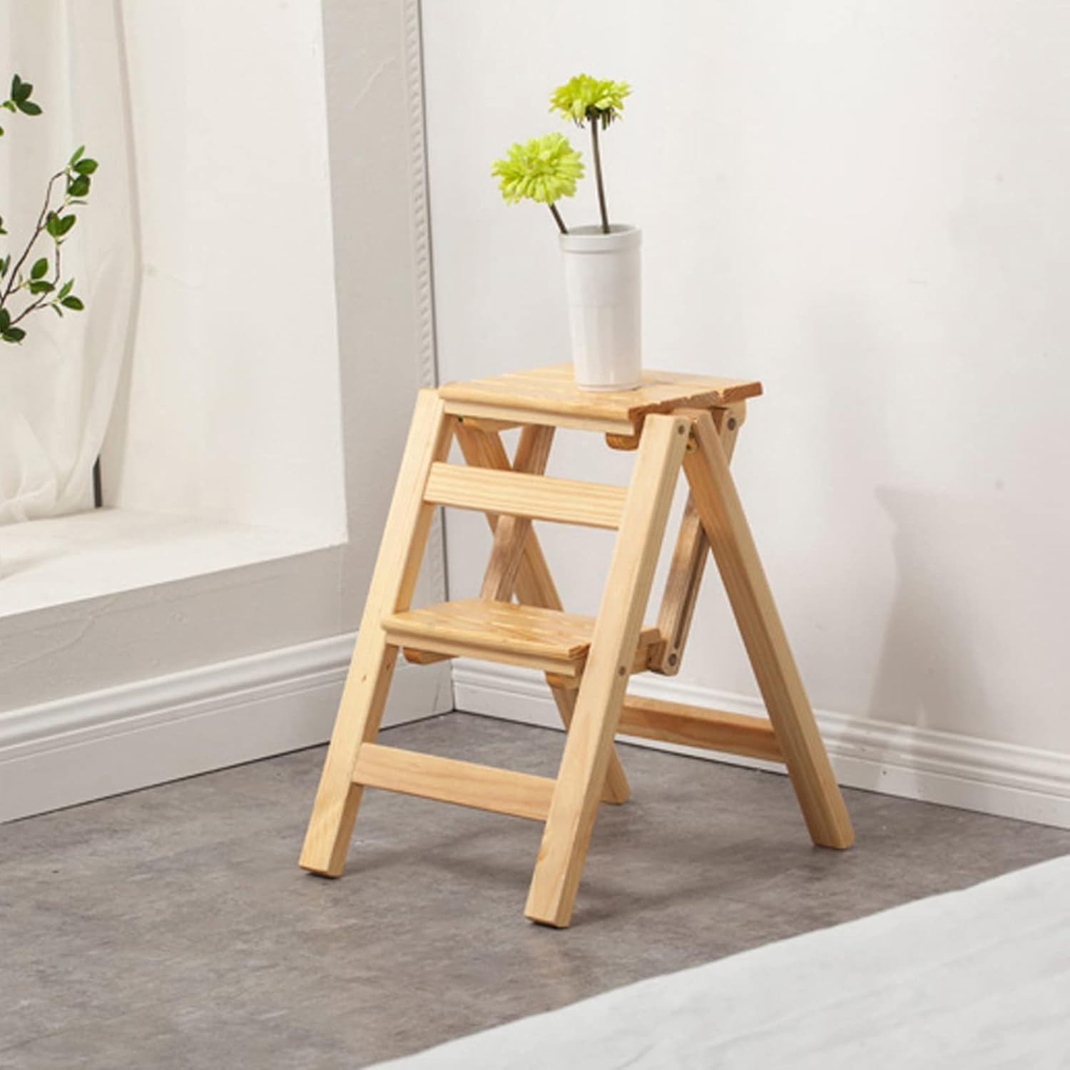 Wooden Step Ladder Chair Household Foldable Ladder Stool 2 Steps Wooden Step Ladders Multifunctional Small Foot Stools Home Library Climb Ladder Chair Bookshelf Display Shelves