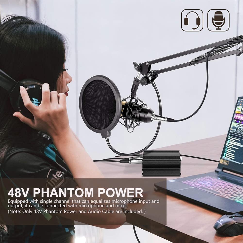 Para Fuente de MicróFono 48V Phantom Power Bm 800 con Adaptador Cable de Audio XLR para Cualquier Equipo de GrabacióN de MúSica Enchufe de la UE