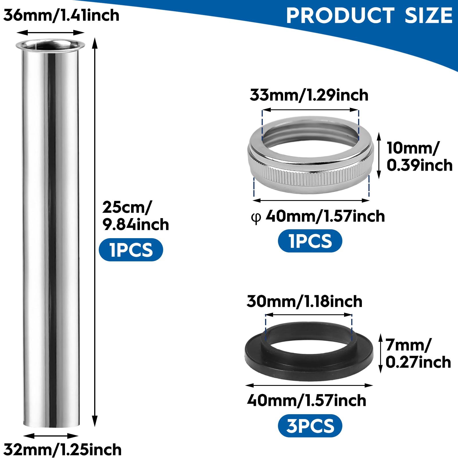 Syfon G1-1/4 długa rura zanurzeniowa 250 mm, przedłużka, rura odpływowa, uniwersalna rura zanurzeniowa do syfonu, przedłużka do umywalki, rury, odpływu, 1 x pierścień gwintowany, 3 x podkładki gumowe