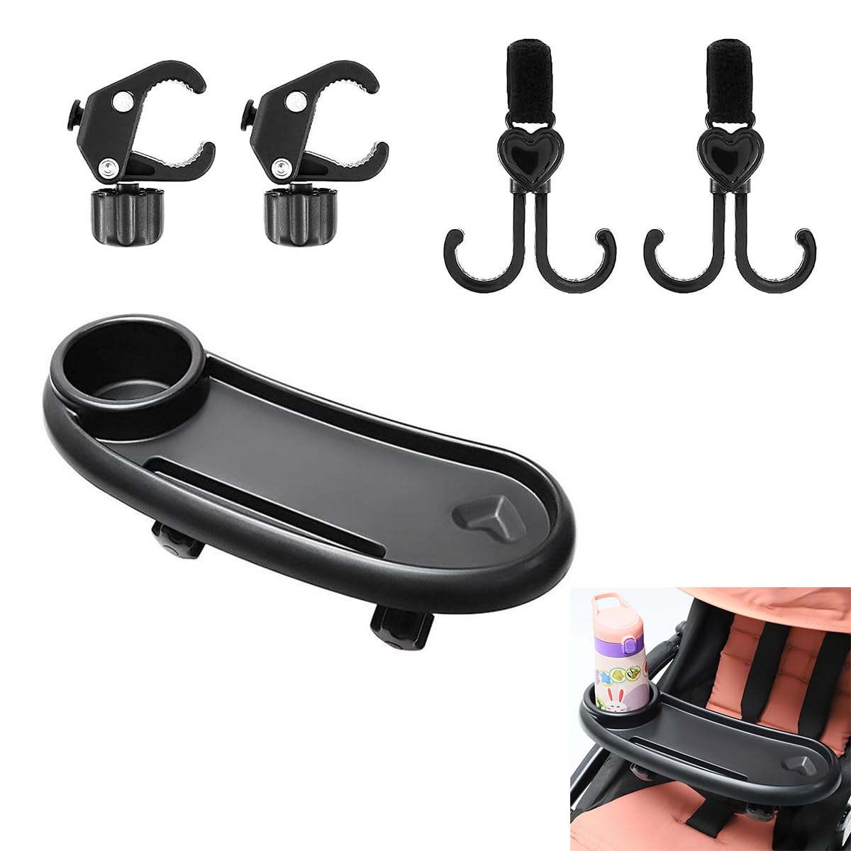ALMEKAQUZStroller Tray with Cup Holder, Universal Child Food Snack Tray with Adjustable Buckle and Hooks for Strollers, Removable Reusable Baby Food Organizer