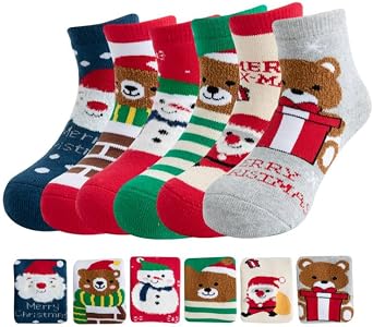 Christmas Socks for Kids Toddlers - Xmas Holiday Crew Socks for Boys and Girls - Winter Warm Socks 6 Pairs