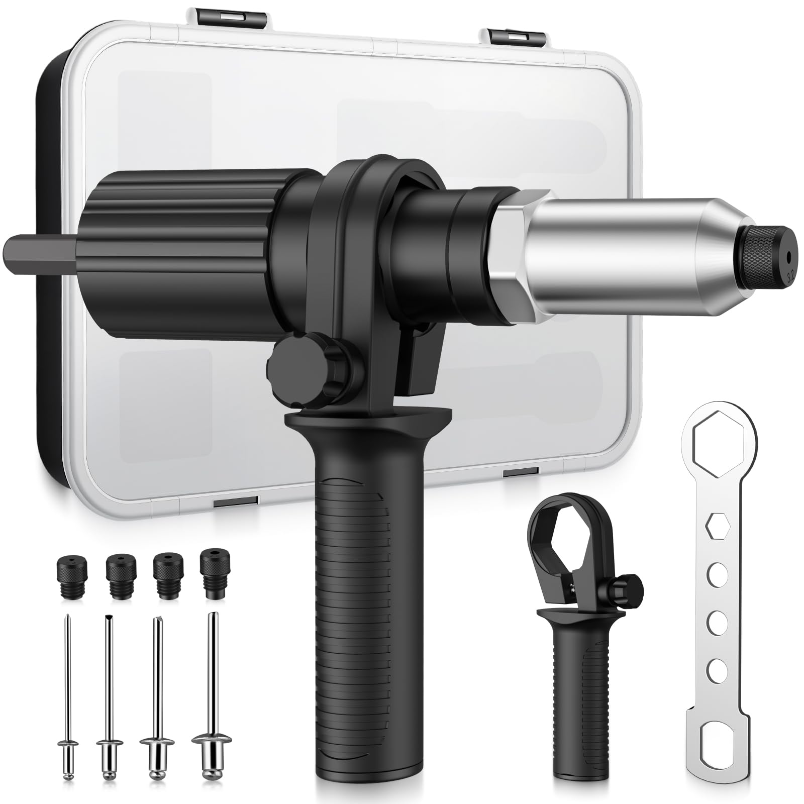 AUTOUTLET Accesorio de Remache para Taladro Destornillador Inalámbrico, Adaptador de Remache Eléctrico con Remaches de 79 piezas 2,4/3,2/4,0/4,8 mm para Remaches Ciegos (Negro)