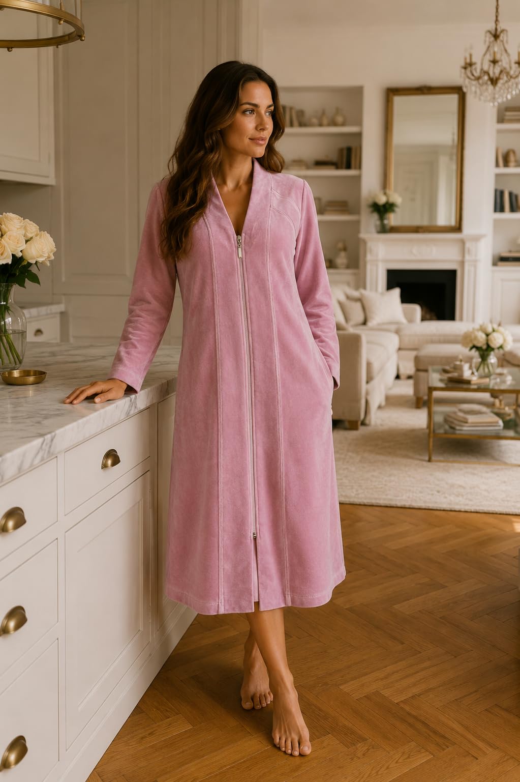 RE-651 Peignoir pour femme avec fermeture éclair - Velours - Coton - Chaud