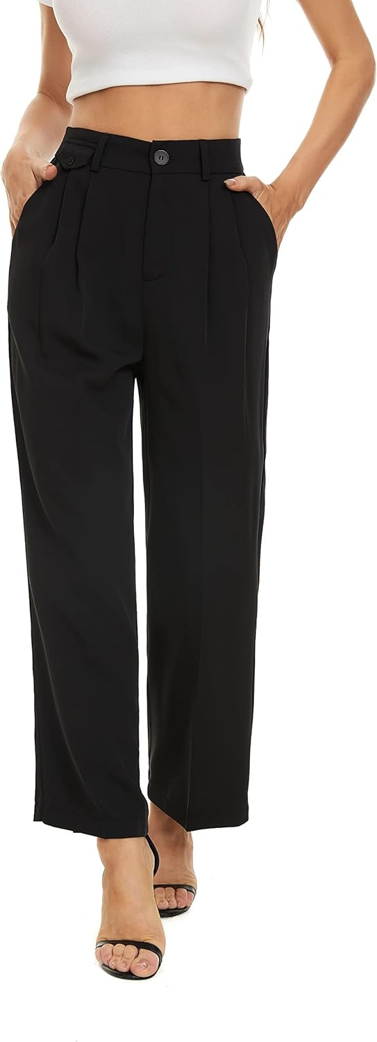 FUNYYZO Women Loose Pleated Front Cropped Pants Wide Leg Straight Trousers with Fake Pocket in The Waist (Small, Black)