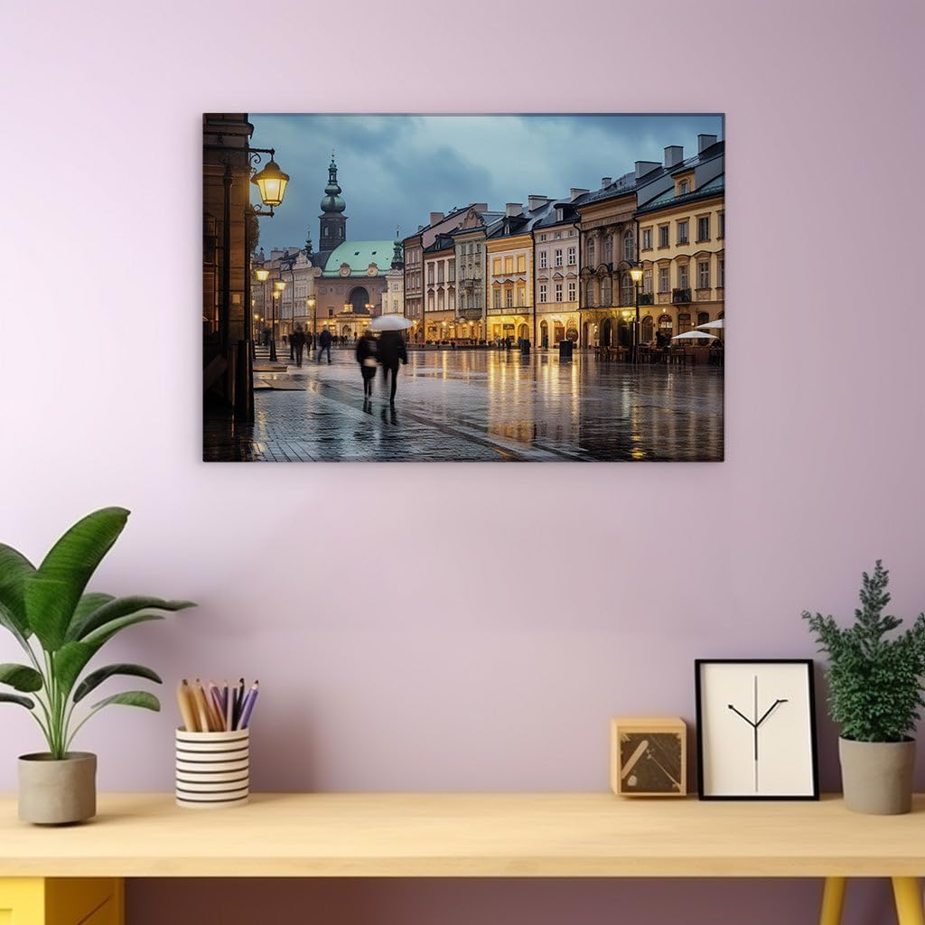 Canvas for Living room. Enchanted Rain-Swept Evening Along Krakow's Cobblestone Paths, 27 x 18 inch Canvas Wall Art - Urban Rivers And Lakes - Modern Home Decor
