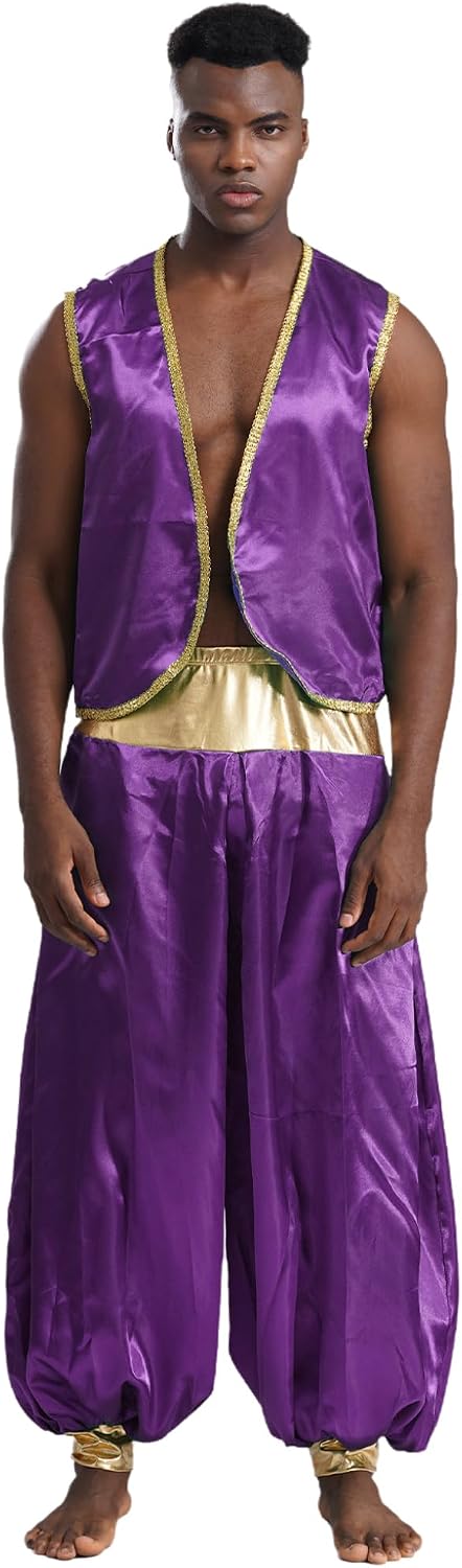 JanJean Mens Halloween Arabian Prince Stain Vest with Harem Pants Set for Fairytales Cosplay Costume