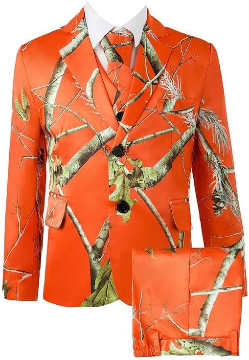 Boys'Orange Camo 3 Piece Suit Formal Outfit 2 Button Blazer with Vest Pants Tie Flap Pockets