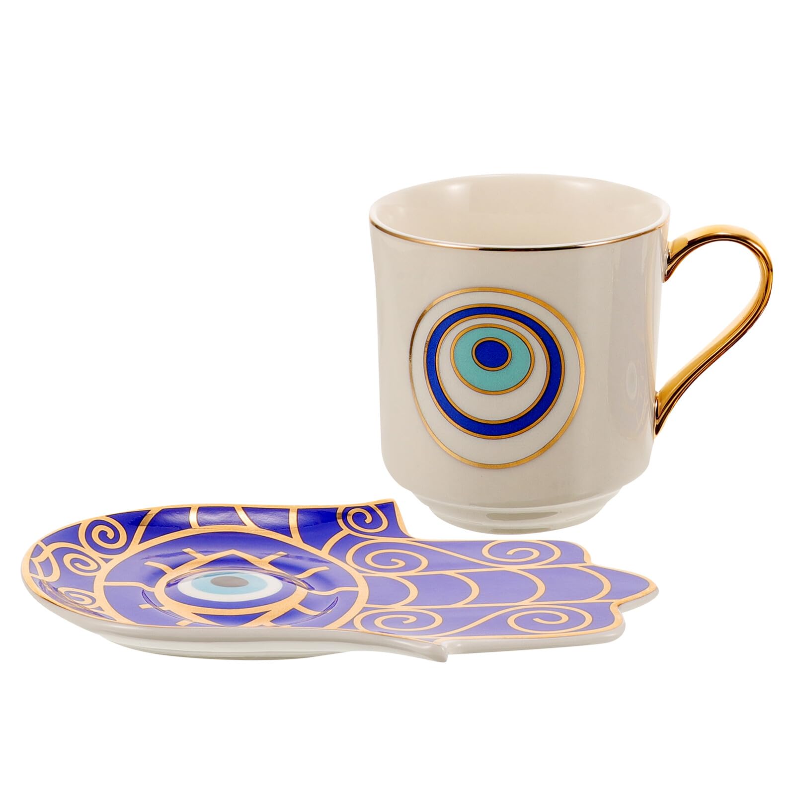 Veemoon 2 Sätze Türkische Espressotasse Set mit Blauem Auge Keramische Kaffeetassen und Untertassen Vintage Design Spülmaschinenfest für Kaffee Tee Milch und Wasser Stilvoll und Griffig