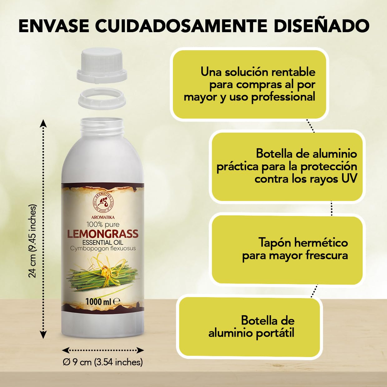 Aceite Esencial de Hierba de Limón 1000 ml - Cymbopogon Flexuosus - Natural y Puro - Aceites Esenciales para Difusores - Fragancias para el Hogar - Jabones y Velas - Aroma fresco - Aromaterapia