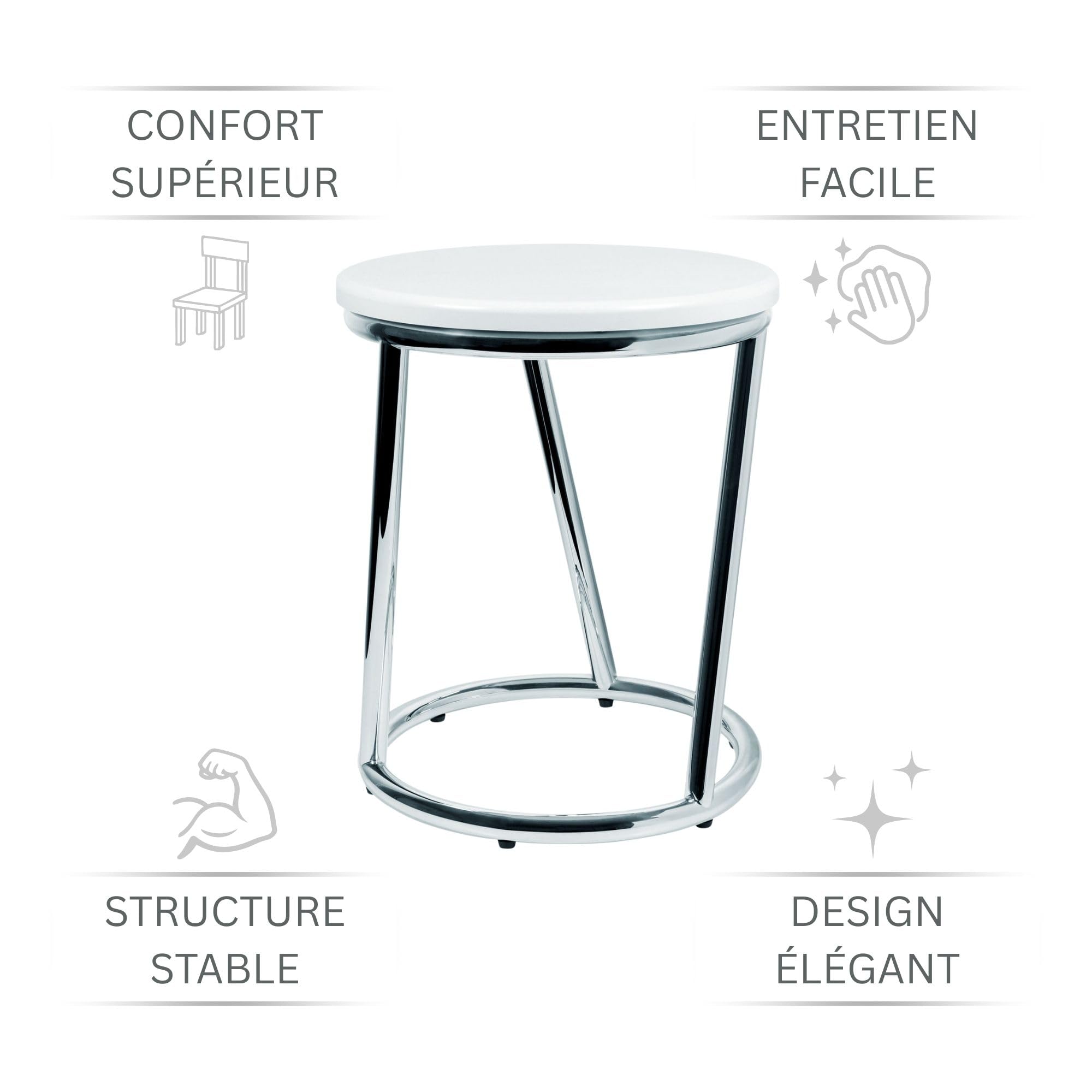 Tabouret de salle de bain Salina – tabouret rond en Métal chromé brillant– Tabouret robuste avec assise blanche au design de tabouret de bar – tabouret de cuisine polyvalent, repose-pieds, banc