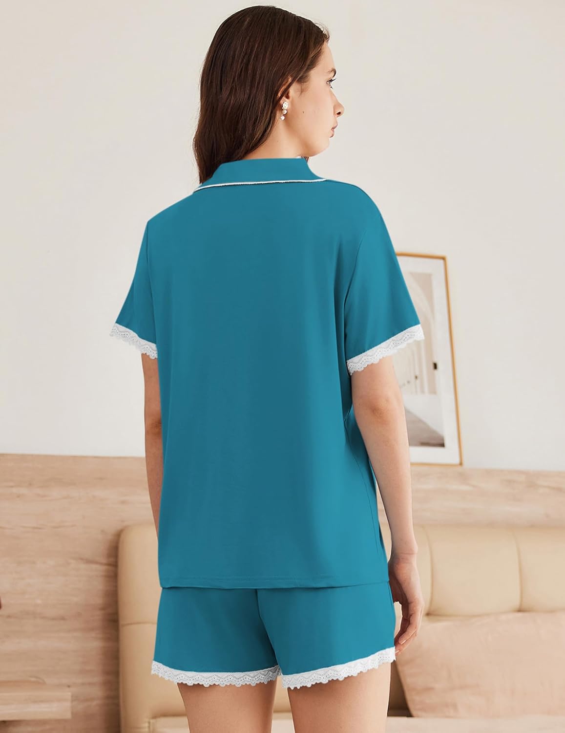 Ekouaer Womens Short Sleeve Pajamas Set Soft Sleepwear Button Down Lounge Set Lace Top and Shorts Pj Nightwear - Image 3
