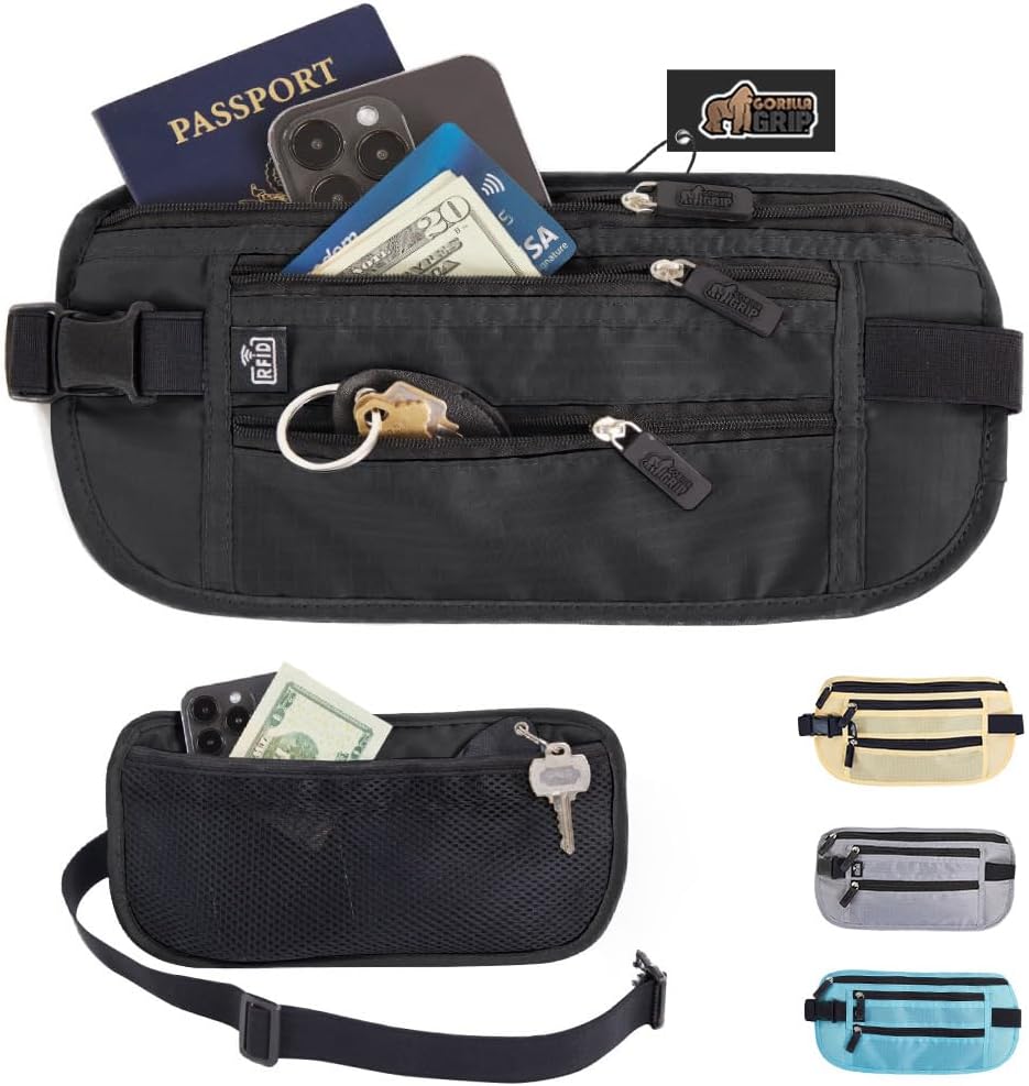 GORILLA GRIP 4 Pocket Secure RFID Blocking Money Belt, Anti Theft Hidden Fanny Pack for Passport and Credit Cards, Water Repellent Travel Pouch for Men Women with Adjustable Waist and Zippers, Black
