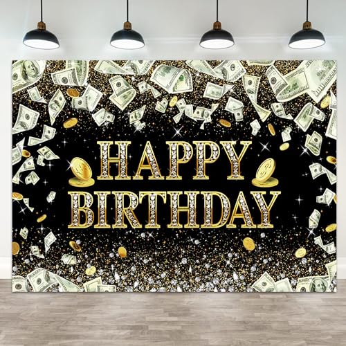 Toile de fond Happy Birthday 3x2,4m dollar argent paillettes pour photo anniversaire