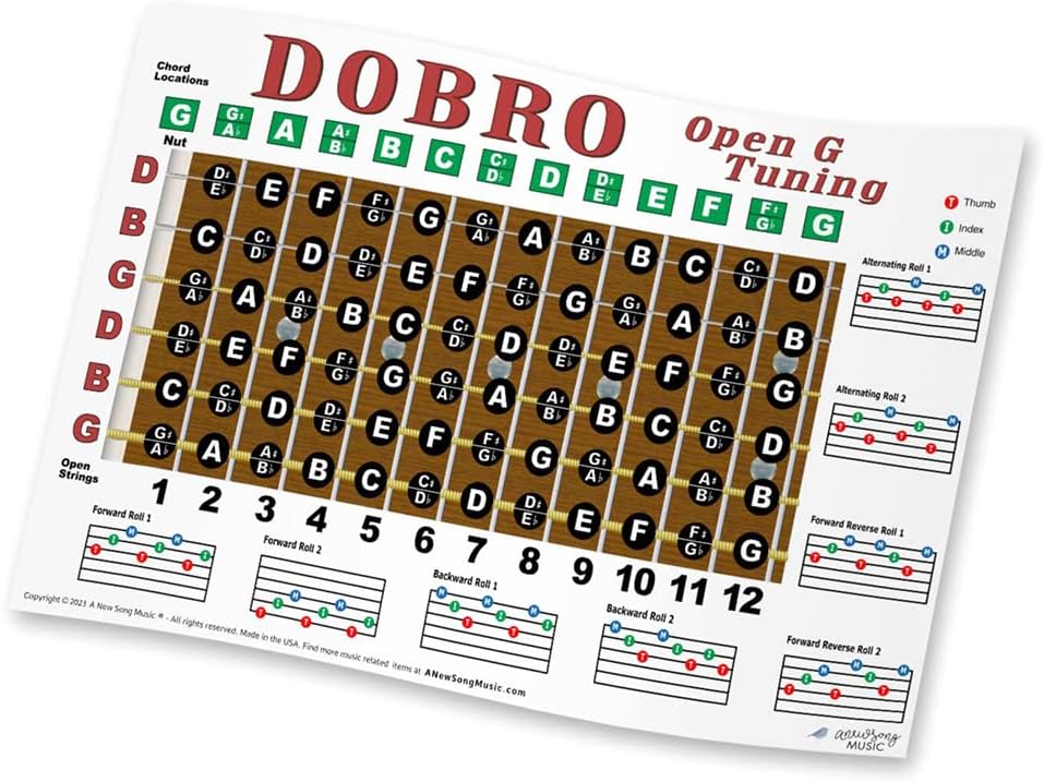 Dobro G Tuning Resonator Guitar Fretboard Note & Rolls Chart - Beginners & Intermediate Instructional Easy Poster Chords 11x17 | A New Song Music
