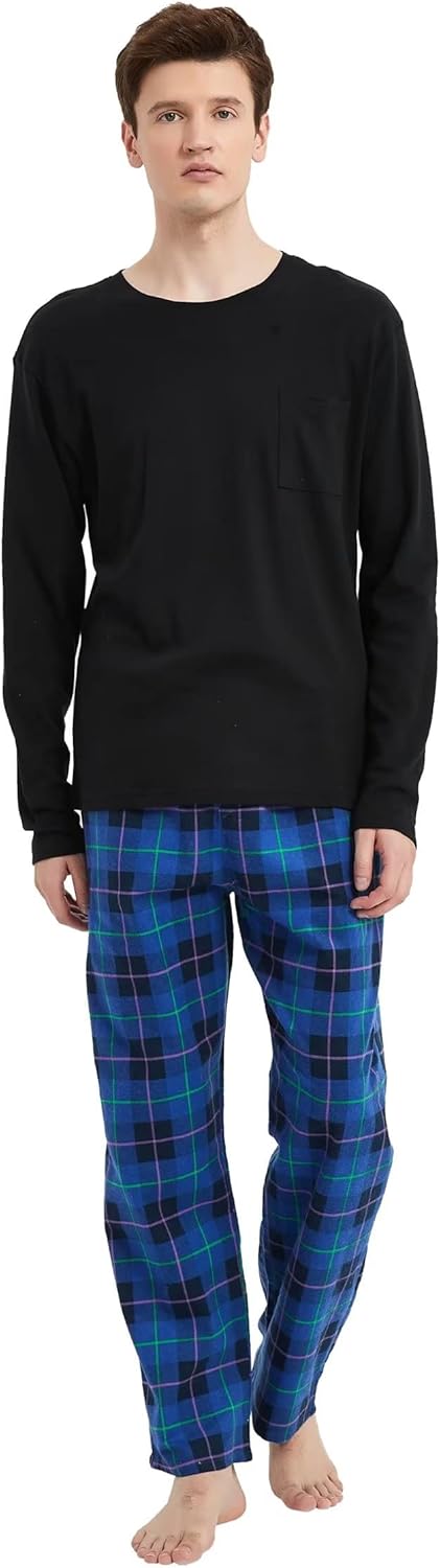 GLOBAL Men's Pajama Set 100% Cotton Flannel Plaid Pants Crew Neck Top Warm Pjs Elastic High Waist Sleepwear Loungewear