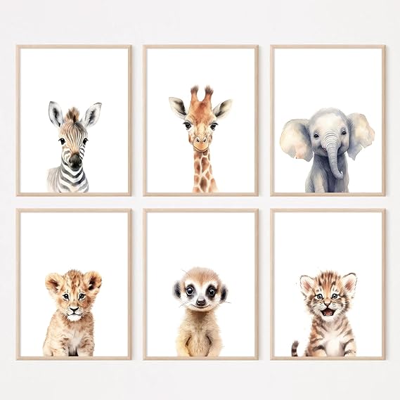 Amazon.com: Safari Nursery Wall Art Decor Set of 6 Baby Animal Wall Art ...